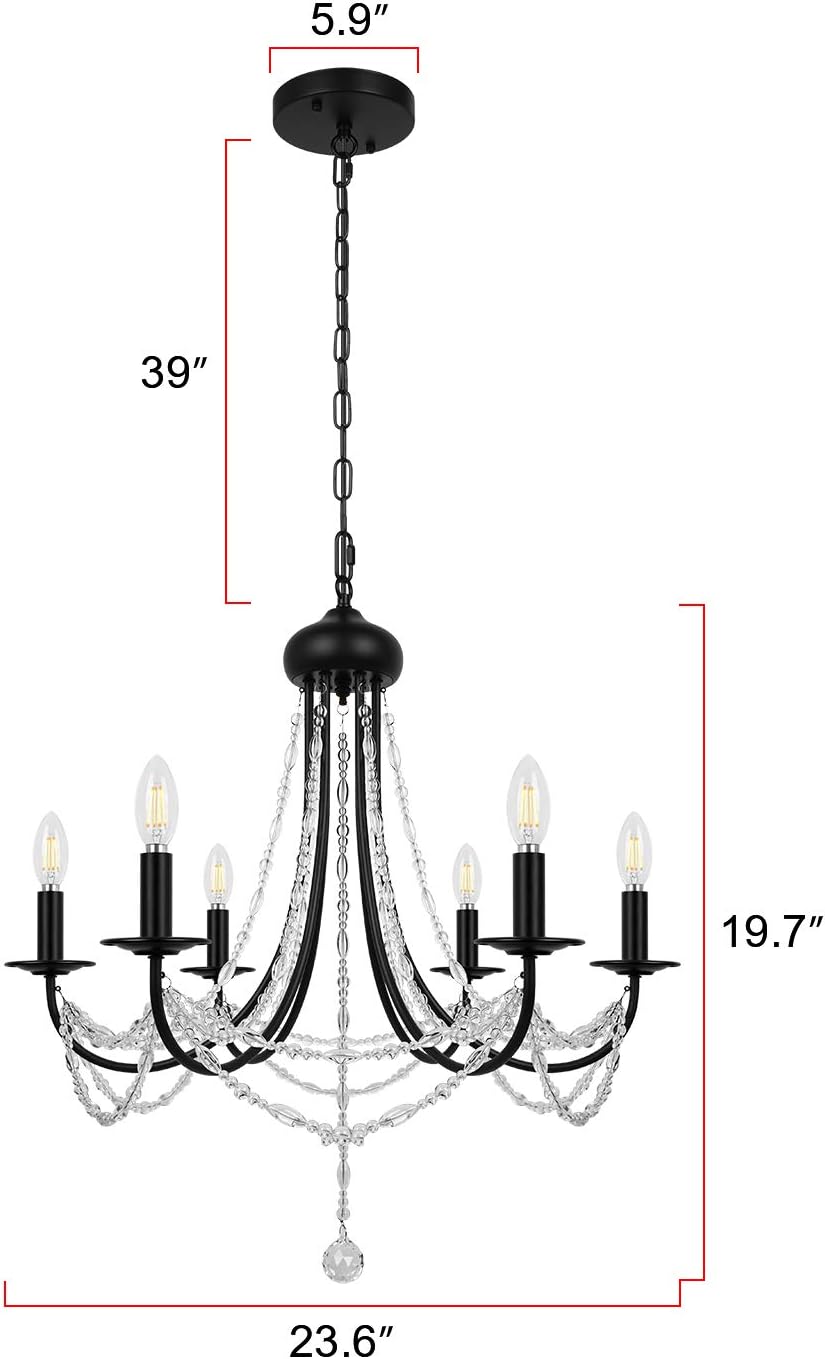 6-Light Black Farmhouse Crystal Chandelier Rustic Industrial Ceiling Lighting for Dining Room Living Room Kitchen Bedroom Foyer - - 
