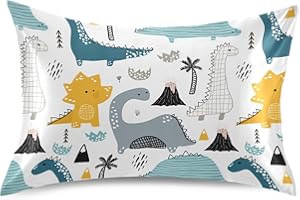 KOPIRIT Hand Drawn Dinosaur Pillow Covers Silk Pillowcase for Hair and Skin Soft Breathable Smooth Cooling Satin Pillowcase Standard Size Pillow Case for Hot Sleepers Bed Women Boys Girls (20x30 Inch)