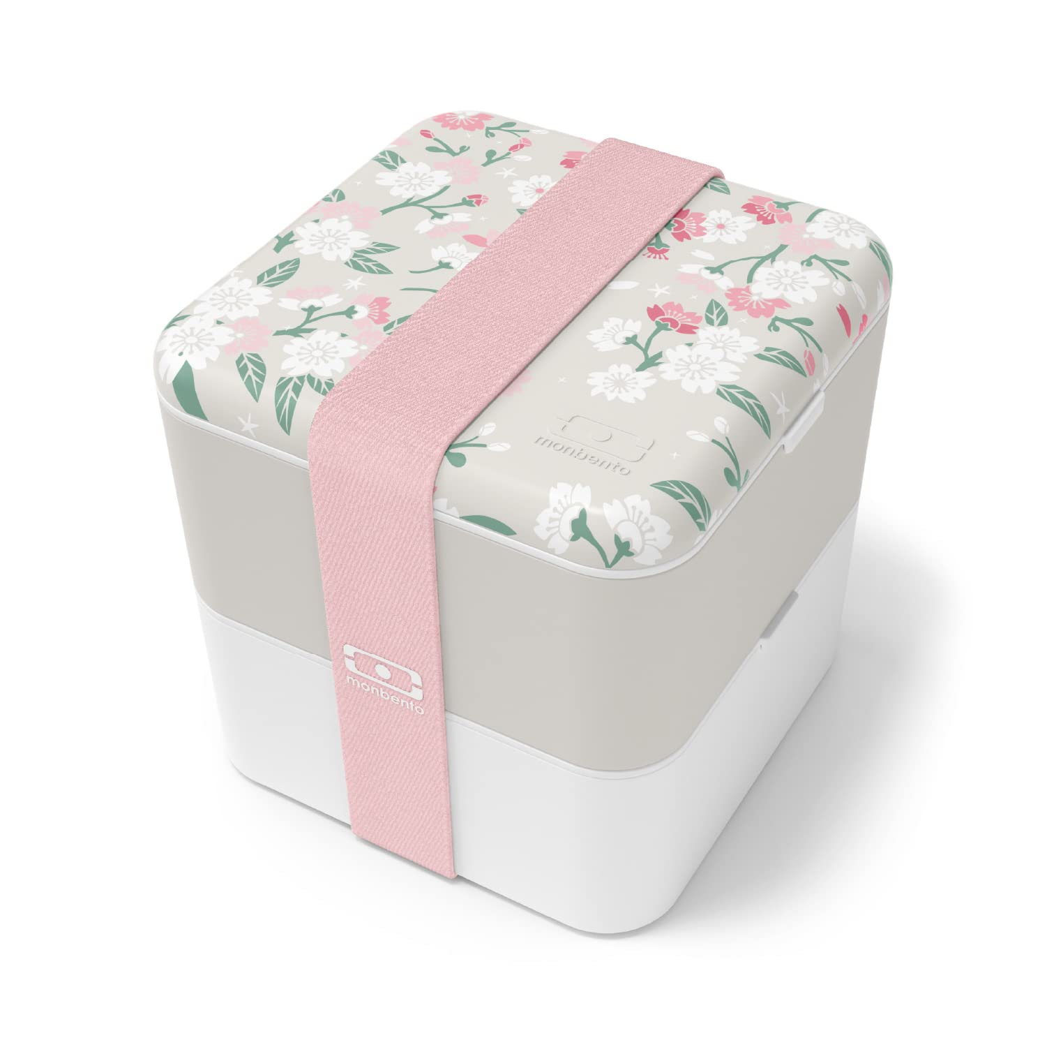 Photo 1 of monbento - Large Bento Box MB Square Sakura with Compartments - Leakproof Lunch Box for Work and Meal Prep - BPA Free - Food Grade Safe - Japanese Flowers - Grey