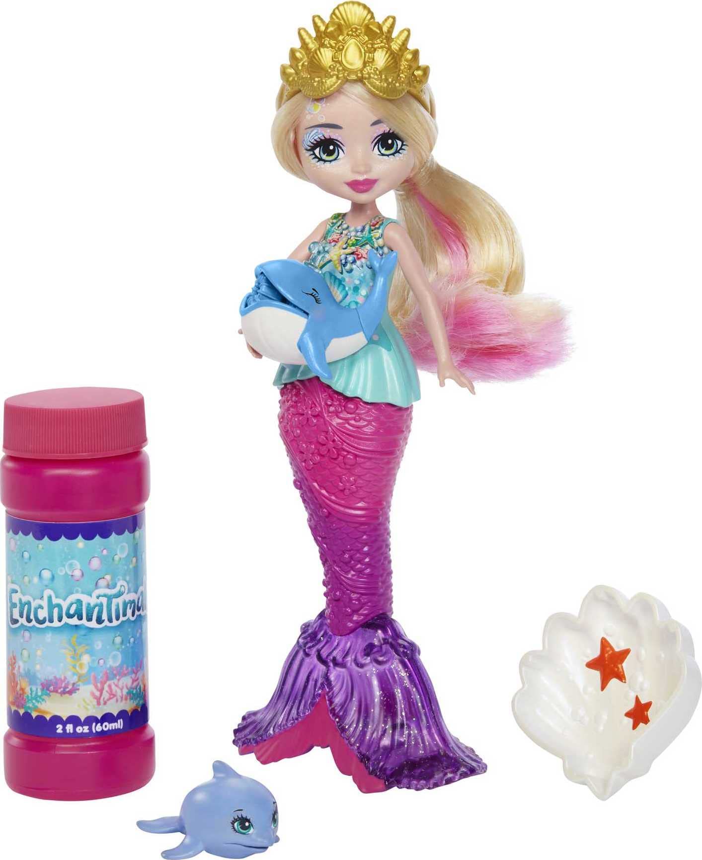 Enchantimals Bubblin’ Atlantia Mermaid Bubble Maker Doll (7-in) with Dolphin Animal Figure, Great Gift for Kids Ages 3 and Up, HFT24
