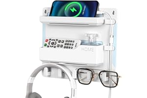 JUMEIHUI Bedside Shelf Wall Mount, Adhesive Bedside Shelf Accessories Organizer with Hooks and Cable Clips,Dorm Bedside Wall Storage for Phone, Remote, Earphone, Kindle,Plastic(White)