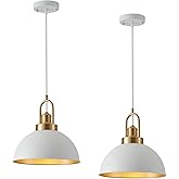 Febeleven Farmhouse 11.81" White Pendant Light with Gold Finish, Industrial Metal Hanging Lighting Fixtures, Adjustable Heigh