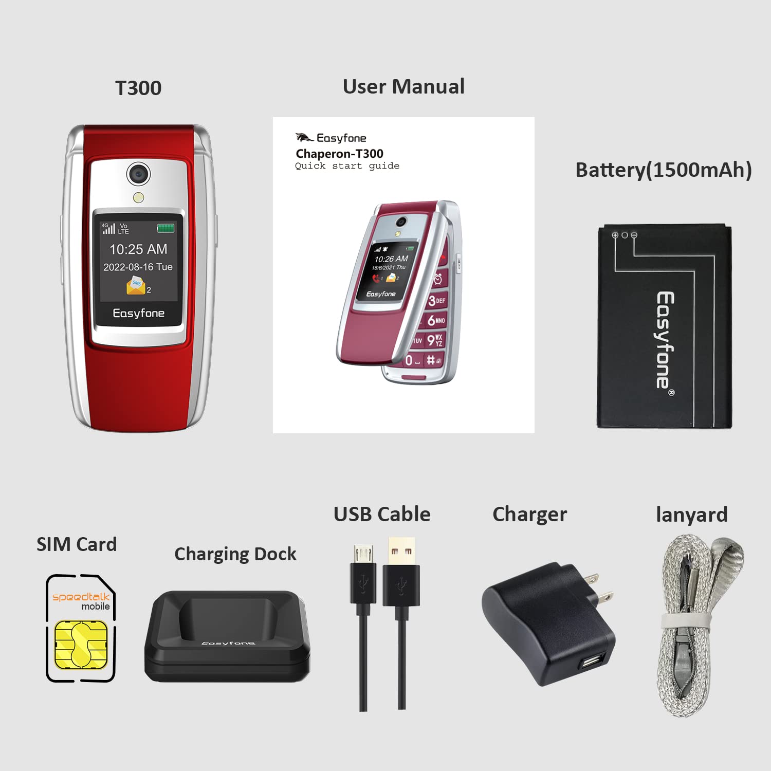 Easyfone T300 4G Unlocked Big Button Flip Cell Phone for Seniors, Clear & Loud Sound and Hearing aid Compatible, SOS Button, SIM Card Included, Big Battery with a Charging Dock, FCC Certified (Red)