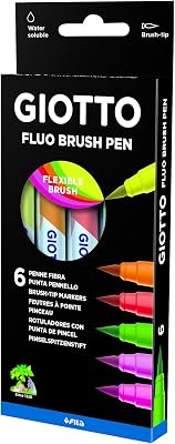 Turbo Soft Brush, Rotuladores con punta de pincel, Punta de Pincel soluble al agua, Colores Fluo Surtidos, 6 unidades