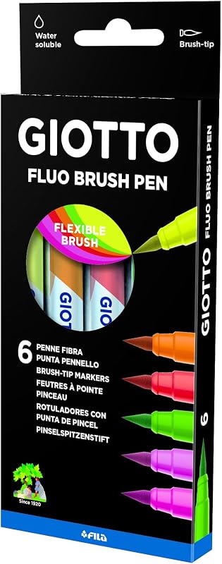 Turbo Soft Brush, Rotuladores con punta de pincel, Punta de Pincel soluble al agua, Colores Fluo Surtidos, 6 unidades