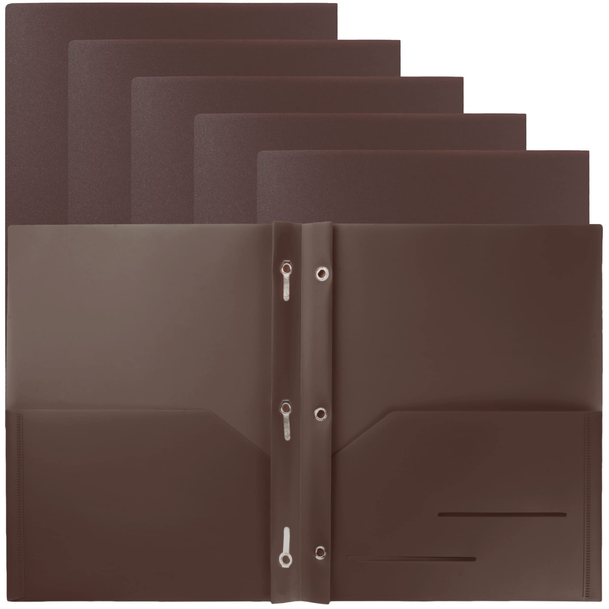 Photo 1 of Youngever 6 Pack Heavy Duty Plastic Two Pocket Folders with 3 Prongs, Metal Prongs Fastener, Heavy Duty Plastic 2 Pocket Folder (Brown)