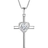 Blaniy Cross Necklace for Women 925 Sterling Silver Heart Cross Necklace Birthstone Created Gemstone Pendant Jewelry Gifts for Women