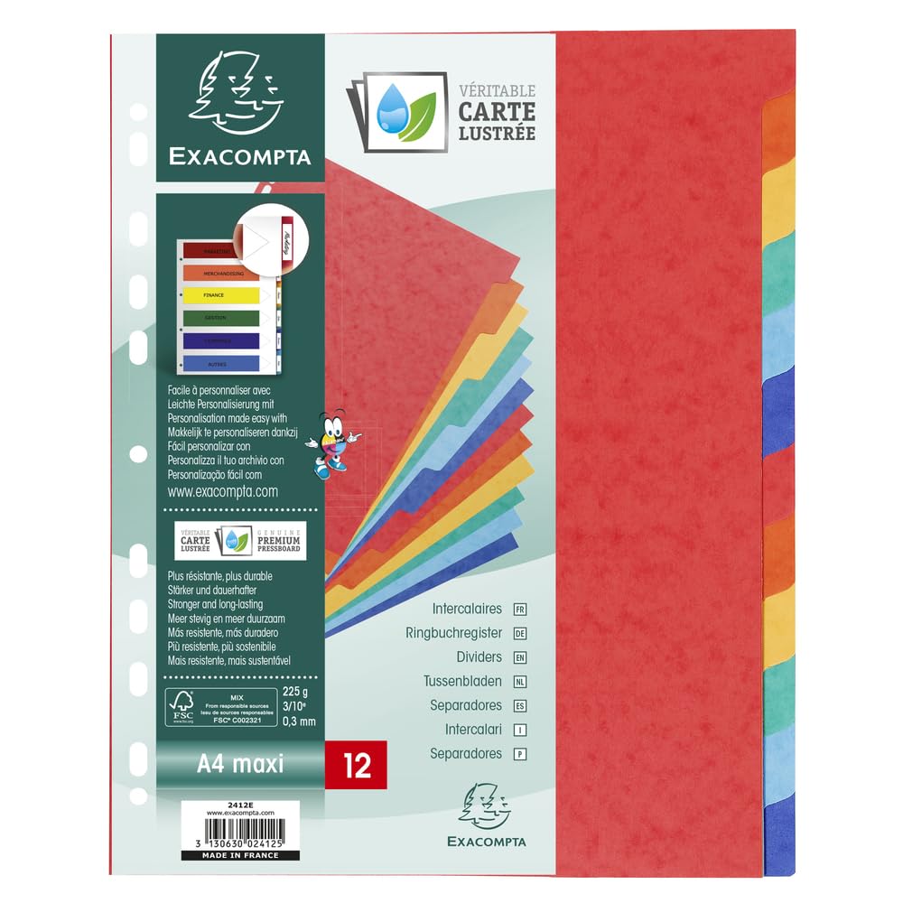 Exacompta - Ref 2412E - Nature Future Dividers - Suitable for A4+ Documents, Pre-Punched, 225gsm Genuine Pressboard, 12-Part Dividers, FSC-Certified - Multi-Coloured