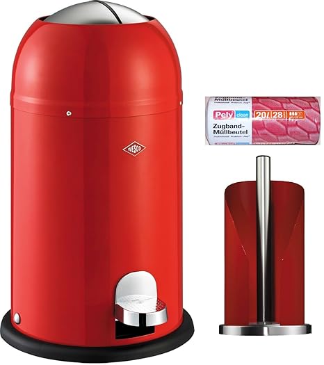 Wesco Kickmaster junior 12-Liter Abfallsammler rot + Küchenrollenhalter rot + 28 Müllbeutel im Set