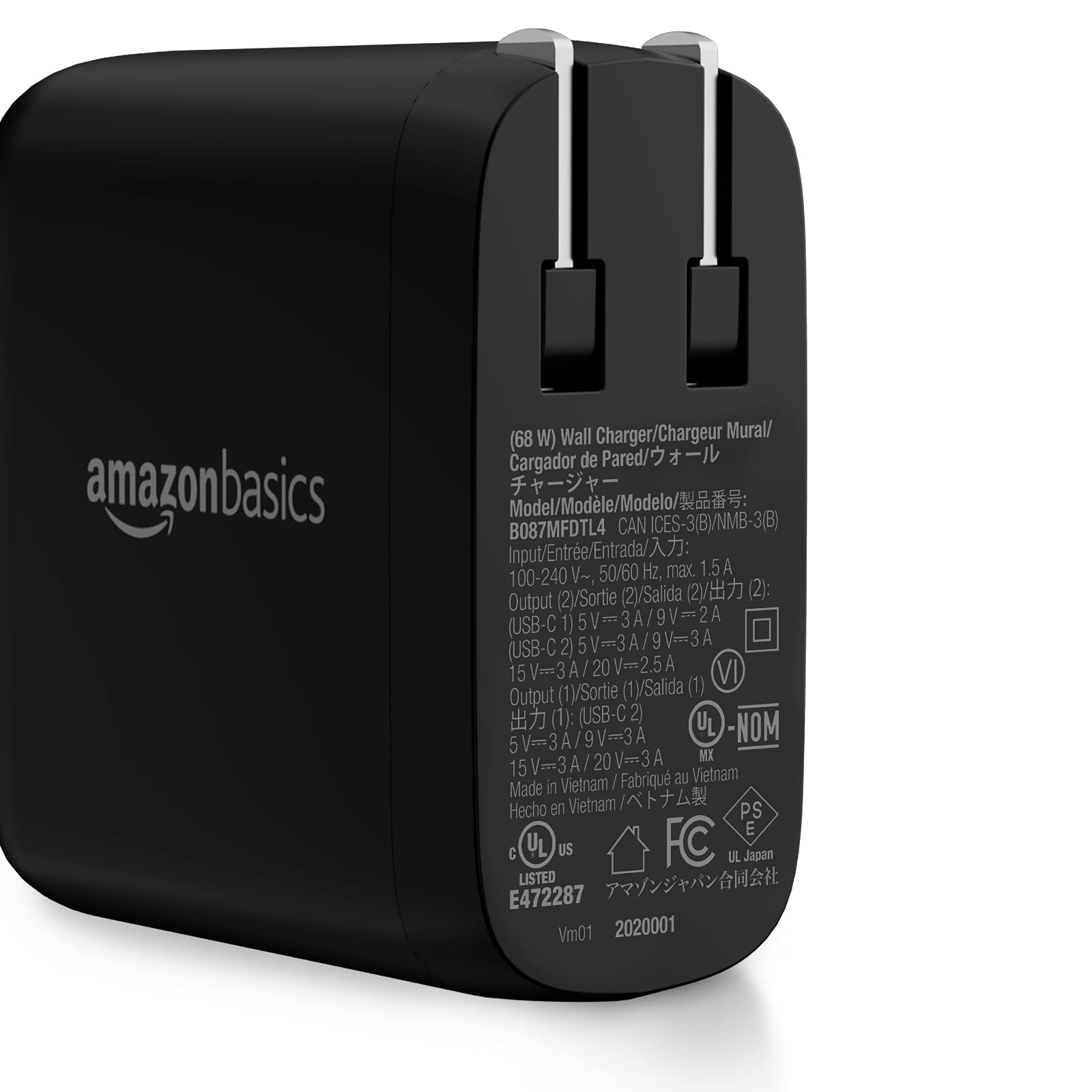 Amazon Basics 68W Two-Port GaN Wall Charger with 2 USB-C Ports (60W, 18W) with PD for Laptops, Tablets & Phones (iPhone 16/15/14/13/12/11/X, iPad, MacPro, Samsung, and More), Non-PPS, Black