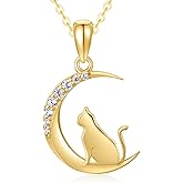 14k Gold Cat and Moon Pendant Necklace for Women, Real 14 Karat Gold Jewelry for Wife/Girlfriend, Birthday Gifts for Her, 16-18 Inch