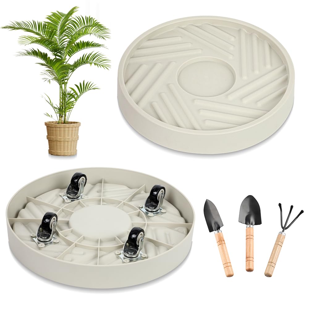Photo 1 of 2 Pcs Plant Caddy with Hidden Wheels 11 Inch Heavy Duty Rolling Plant Stand, Indoor Outdoor Plant Saucer Tray with $9.9 Garden Tools (Beige)