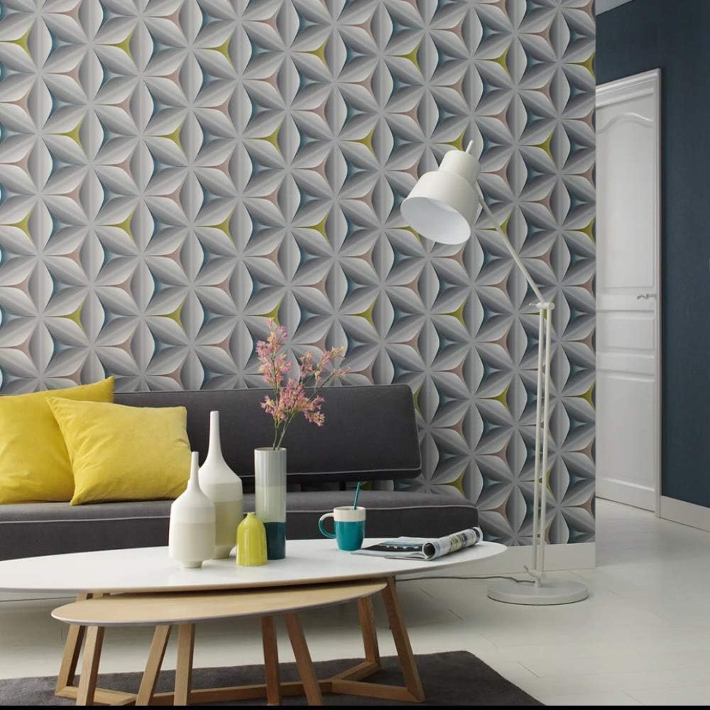 Illusion Geometric Wallpaper in Grey, Yellow, Pink & Teal