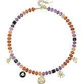 KissYan Halloween Beaded Necklace, Evil Eye Pumpkin Natural Gemstone Choker for Women, Costume Cosplay Party Accessories Handmade Jewelry Gifts