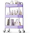 TOOLF 3-Tier Rolling Cart, Metal Utility Cart with Lockable Wheels, Storage Craft Art Cart Trolley Organizer Serving Cart Easy Assembly for Bathroom, Kids' Room, Bedroom, Purple