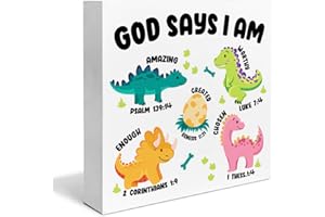 YXSEZ Bible Verse Wooden Box Sign Christian Home Nursery Decor God Says I Am Scriptures Dinosaur Wood Sign Desk Decoration Dino Wood Block Plaque Box Sign 5 x 5 Inches