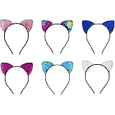 ROHIJALE 6Packs Sequin Cat Ear Headbands Glitter Kitty Ears Hair Hoops Shiny Headwear Hair Band for Party, Cosplay, Costume, Birthday, Dress Up, Photo Props for Girls Women