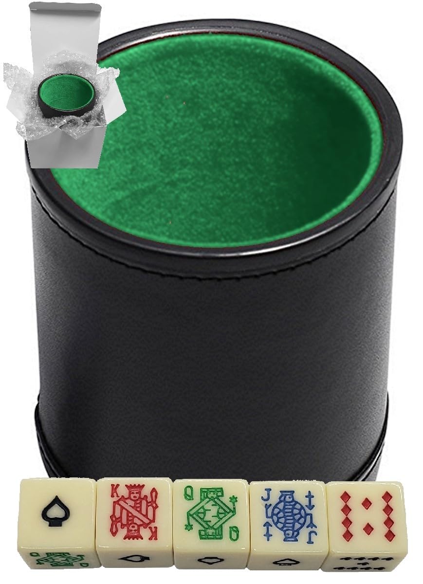 Set of 16mm Poker Dice Squared Corners and Black PU Leather Dice Cup Plush Velvet Lined - Gift Boxed (Poker (Spades Ace) Ivory, Black/Green Cup)
