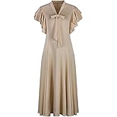 Vijiv Women's Vintage 1920s V Neck Long Bias Cut Sleeveless with Flutter Sleeves Bowknot Flapper Dress