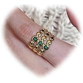 Eviarli Bohemian Green Crystal Ring for Women 18K Stainless Steel Knuckle Ring Oval Hollow Stacking Ring Vintage Open Finger Ring Adjustable Ring Jewelry for Girls Gifts