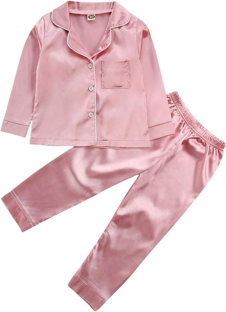Toddler Baby Kids Silk Satin Pajamas Long Sleeve Button-Down Top Pant Sleepwear Nightwear Girls Boys Pjs