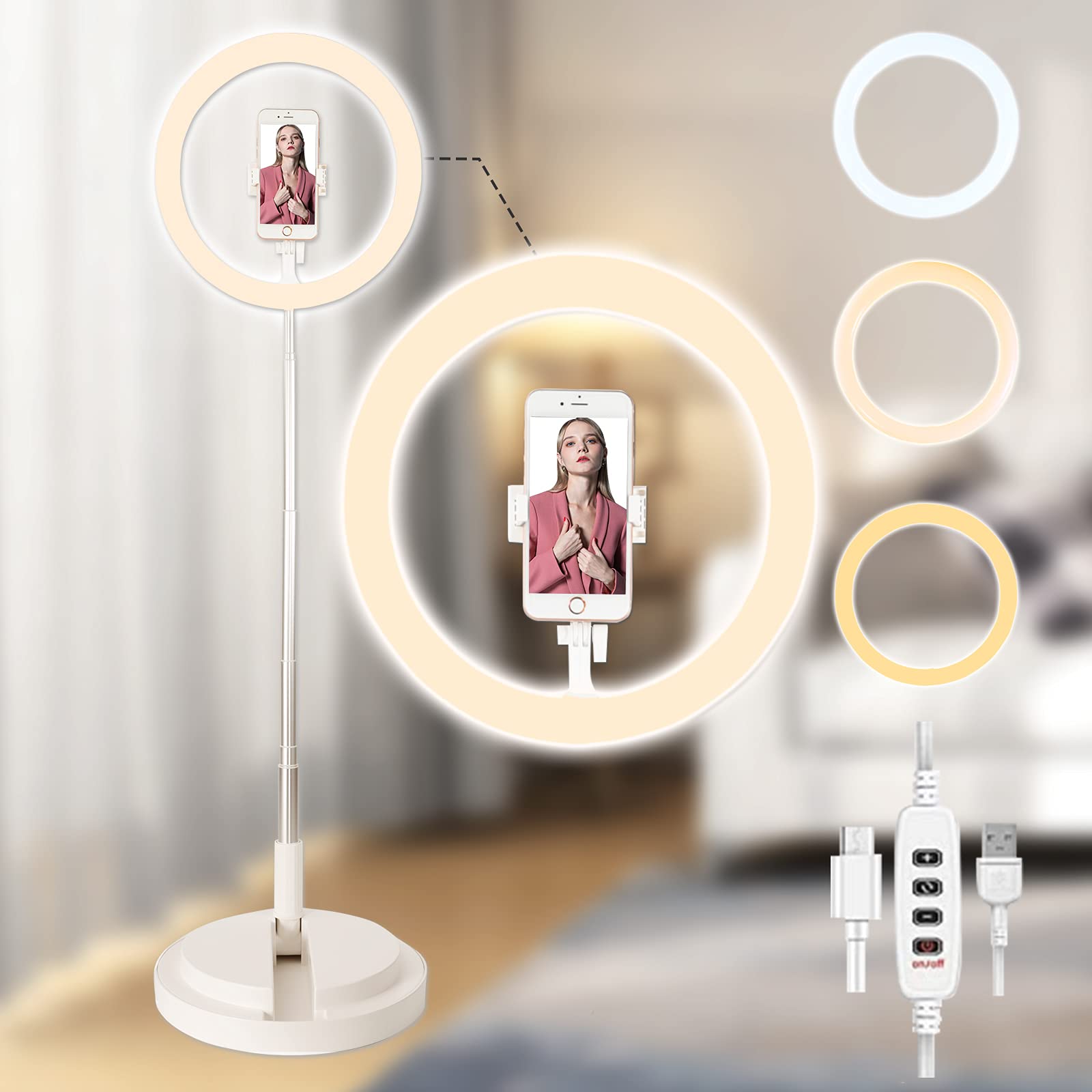 Ring Light 12" with Stand and Flexible Phone Holder Selfie Light Stand for Live Stream TikTok YouTube Vlog Video Photography Dimmable Foldable Instagram Light with 3 Color Modes 10 Brightnes (White)