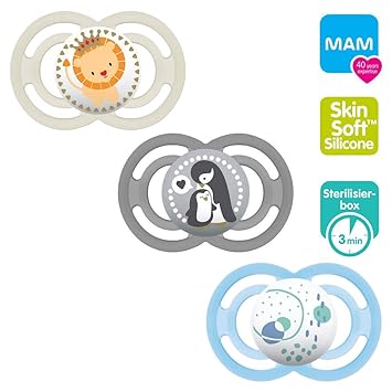 MAM Perfect Silikon Schnuller 16+ Uni Mix // 3er Set // inkl. 3 Sterilisiertrasportboxen