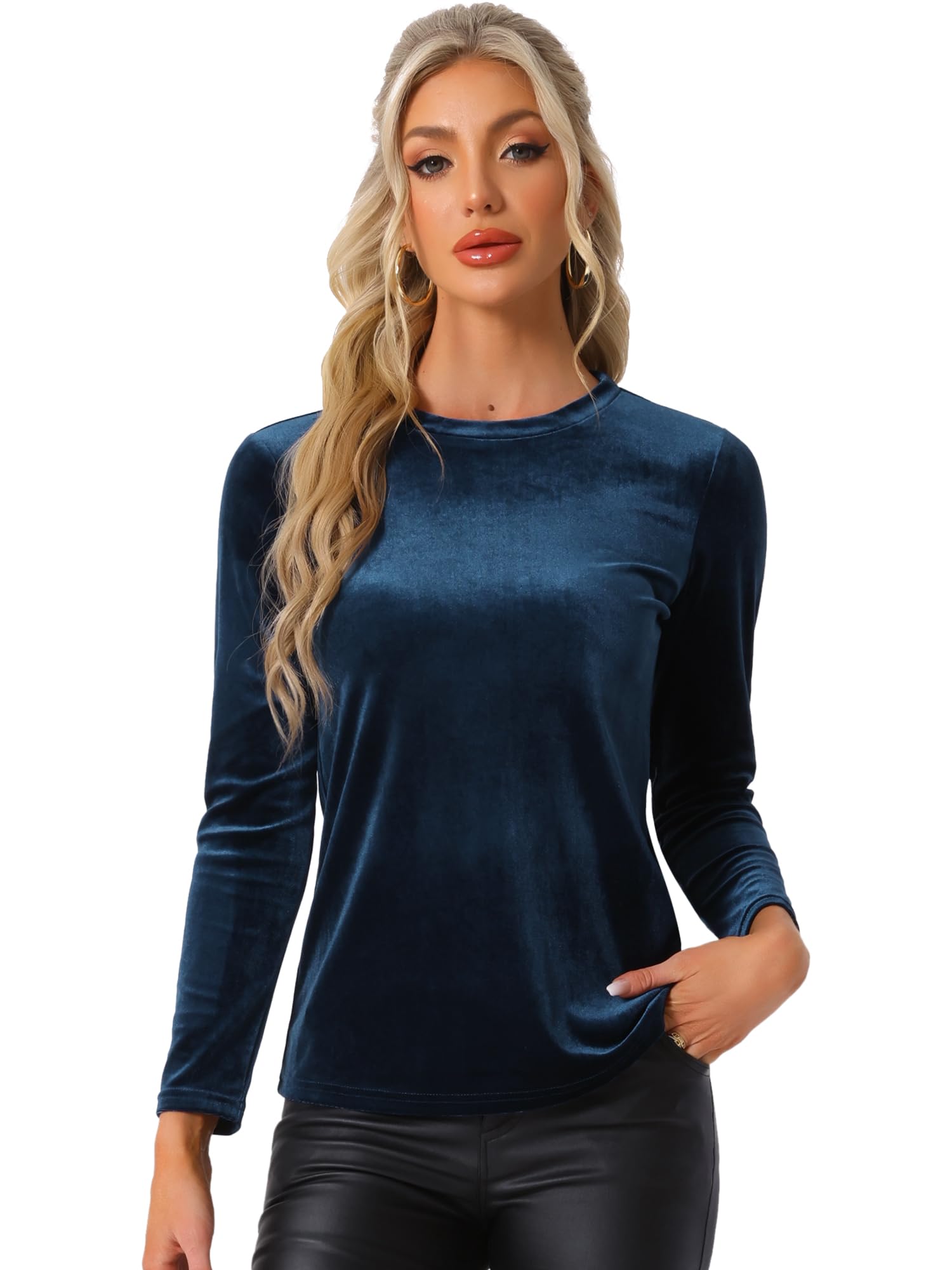 Photo 1 of Allegra K Women's Velvet Top Halloween Casual Round Neck Tops Stretchy Long Sleeve Blouse Large Dark Blue large 