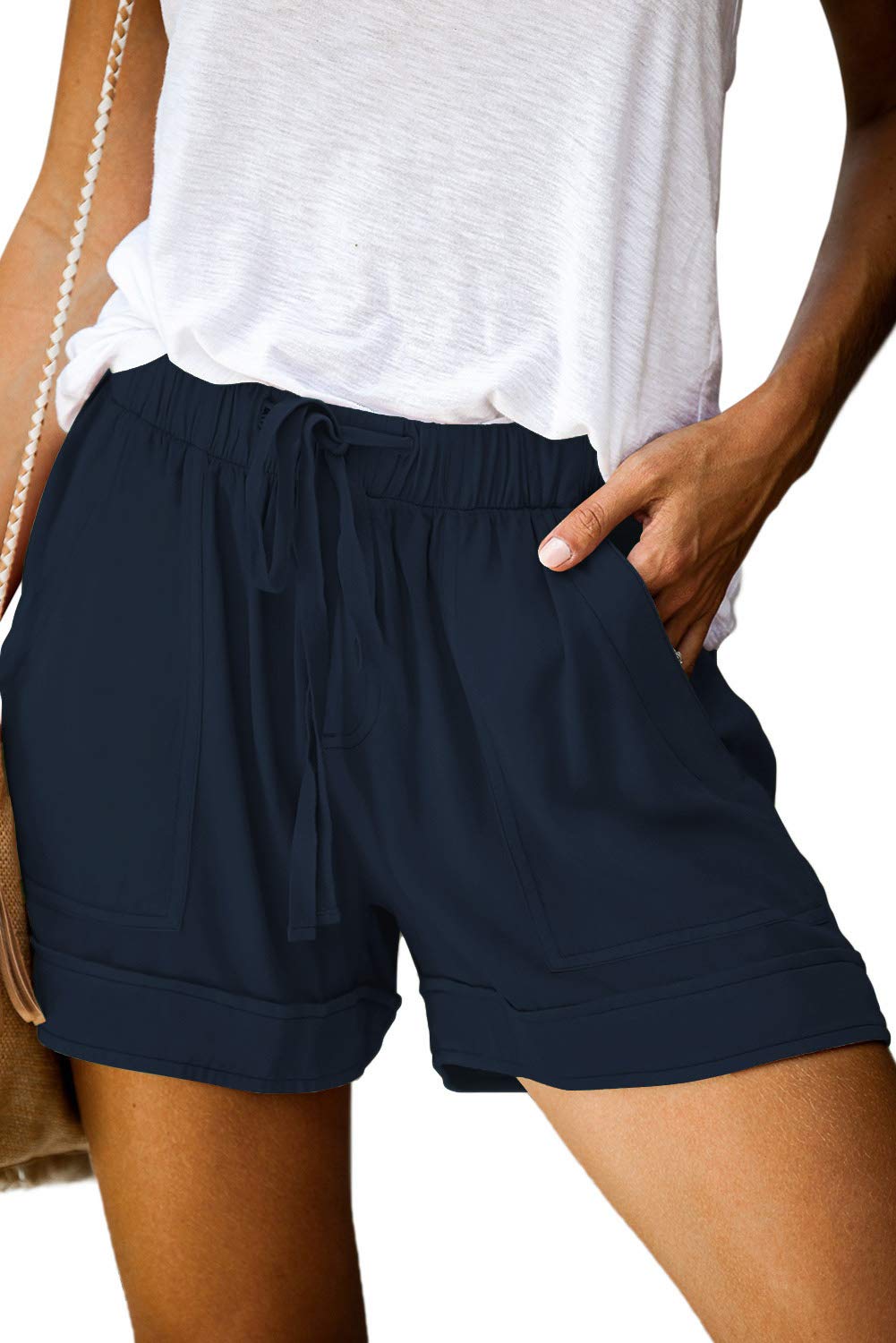 Photo 1 of Women's Casual Shorts Pure Color Elastic Waist Drawstring Pockets Cute Tie Short Lounge Pants with Pockets Navy Blue S