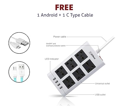 EMBox Power Strip Extension Cord with USB Port and Surge Protector| 4 USB(3.4 A) Ports with Indicator, 6 Universal Sockets | 2Mts Cable Power Strip + 1 Type C and 1 Android Cable