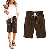Girls Bermuda Shorts Knee Length Cute Preppy Clothes Drawstring Long Shorts Adjustable Waist Straight Leg Jorts