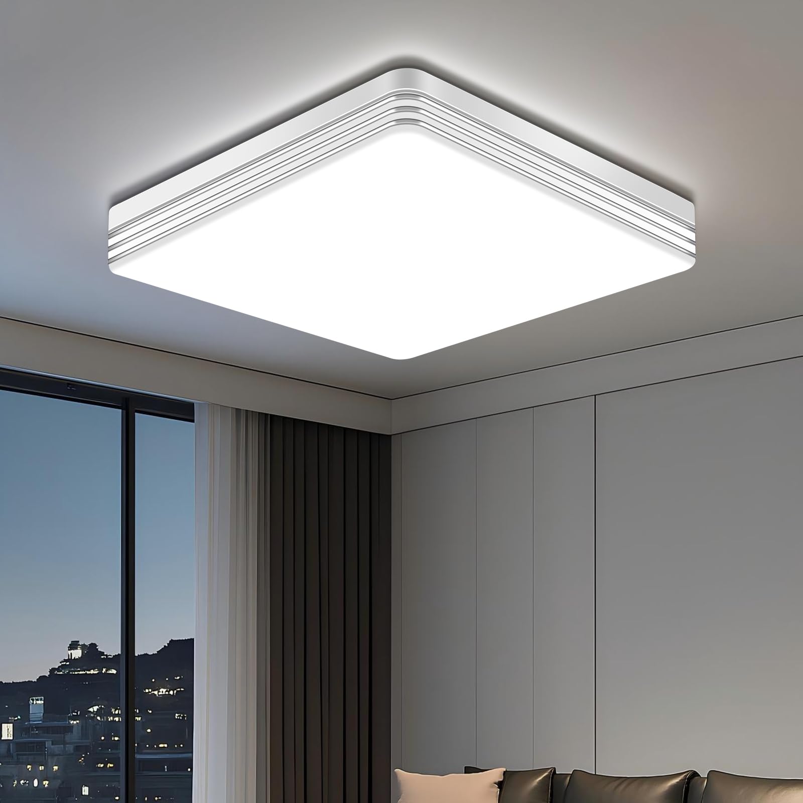 VIPMOON 48W 6500K Cold White Ceiling Light, 4320lm Square Silver Edge LED Ceiling Light for Living Room, Energy-Saving Flush Mount Fixture for Bedroom, Kitchens, Offices, Balconies and Hallways — image 1