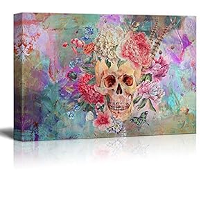 Canvas Print Wall Art - Skull and Flowers on Abstract Background - Gallery Wrap Modern Home Art | Ready to Hang - 12x18 inches