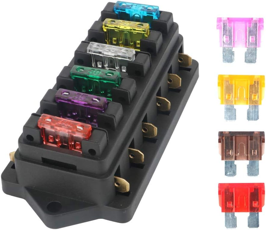 Gebildet 6 Way 32 V 1 ~ 40 A Generic Fuse Box, Blade Fuse Holder Lock with 10 Blade Free Fuses, 3A/5A/7.5A/10A/15A/20A/25A/30A/35A/40A
