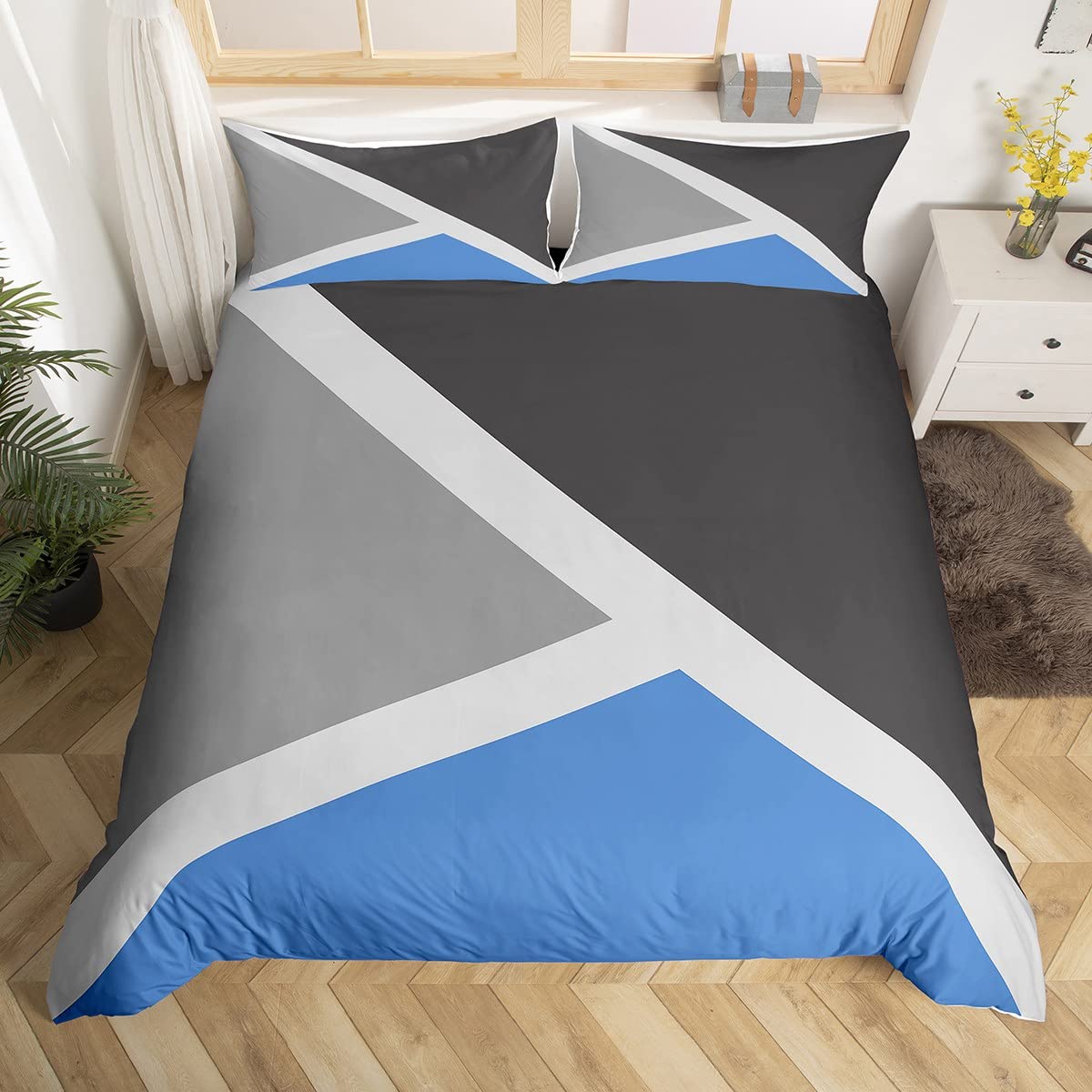 Homewish Geometric Triangle Duvet Cover Set with 2 Pillowcases - Double Size, 100% Soft & Breathable Polyester, Zip Closure - Blue Gray Bedding - Modern Simple Pattern with Black Reverse — image 1