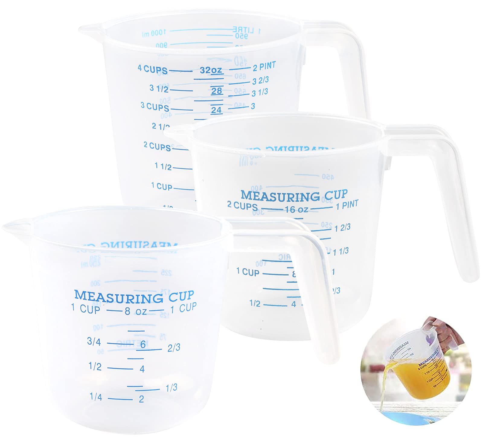 Surflyee 3PCS Plastic Measuring Jugs, Kitchen Baking Jugs Set, 1000ML, 500ML, 250ML, Clear BPA-Free Plastic Cups, Easy to Read Measurements Cooking with Accuracy
