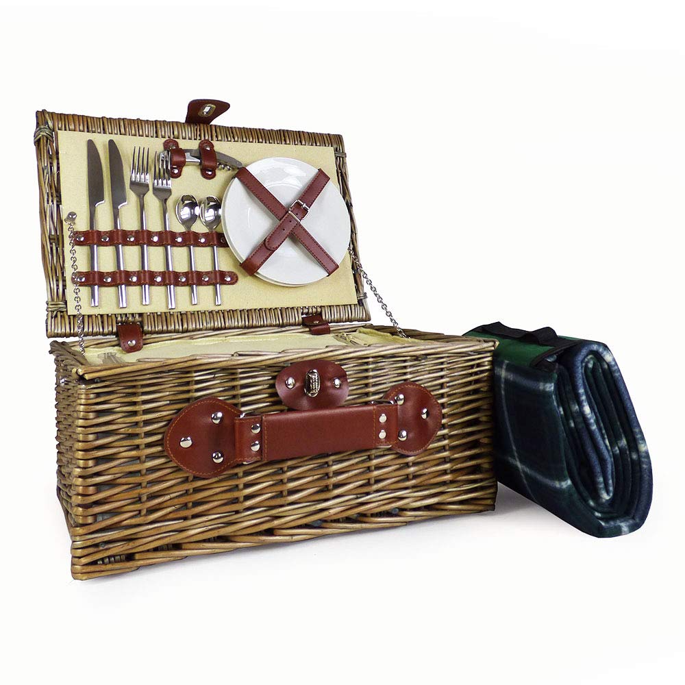 Cream Chiller 2 Person Picnic Basket Wicker and Green Blanket with Built In Chiller Compartment and Accessories - Gifts for Christmas, Mum, Birthday, Valentines, Mothers Day, Wedding, Anniversary