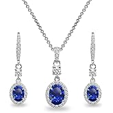 B. BRILLIANT Sterling Silver Genuine or Synthetic Gemstone Oval Halo Pendant Necklace & Dangle Earrings Jewelry Set for Women with Box