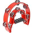 Half Moon Musical Tambourine Double Row Metal Jingles Hand Held Percussion Drum Multicolor for KTV Party with Ergonomic Handle Grip (Red)