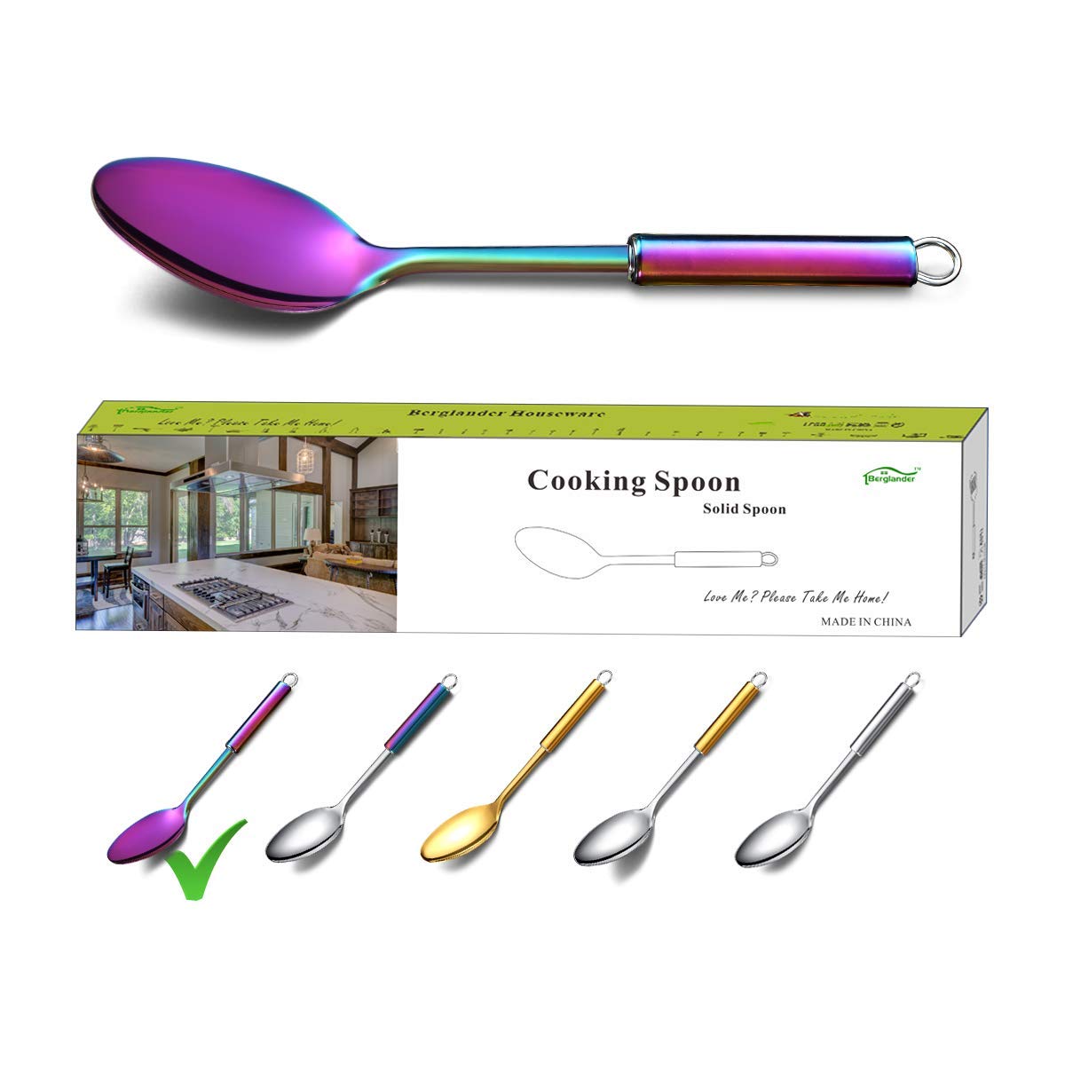 Berglander Rainbow Solid Cooking & Serving Spoon - Stainless Steel with Titanium Plating
