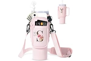 dabria Initial A-Z Water Bottle Bag with Phone Pocket for Stanley 40 oz Tumbler Neoprene Water Bottle Holder Pouch with Adjustable Strap Bollus with Straw Cover & Carabiner for Stanley Cup Accessories