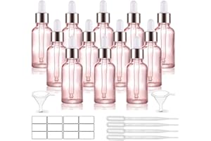FURNIDO 12 Pack,1 Oz Pink Glass Dropper Bottle for Essential Oils,Empty Glass Eye Dropper Bottle Holder With Glass Pipette,Rose-Golden Caps Perfume Travel Vial Container-Pipette,Stickers,Funnel Included