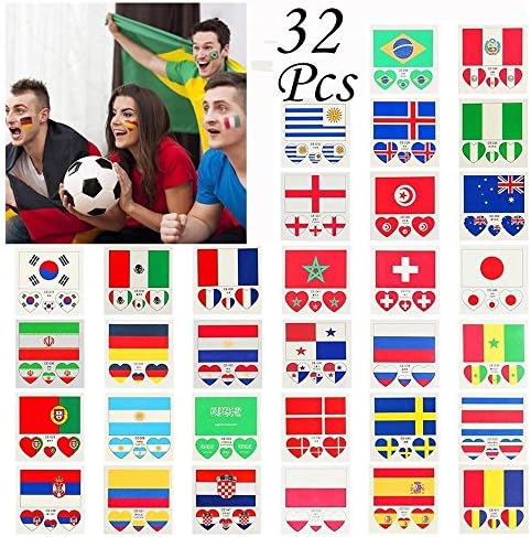 Yeefant 32pcs High Fidelity No Skin Damage Countries Flag Waterproof Face Body Soccer Stickers Temporary Tattoos,2.4x2.4 Inch
