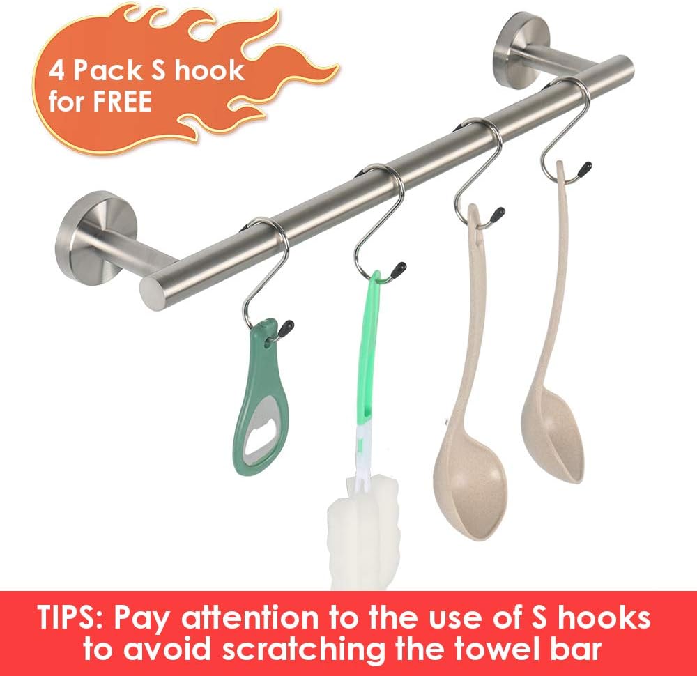 TocTen Bath Towel Bar - Thicken SUS304 Stainless Steel Towel Rack for Bathroom with 4 S Hooks, Bathroom Accessories Towel Rod Heavy Duty Wall Mounted Towel Holder (12IN, Brushed Nickel): Kitchen & Dining