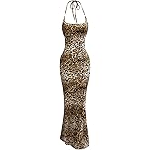 Floerns Women's Leopard Print Sleeveless Halter Dress Club Bodycon Maxi Dresses