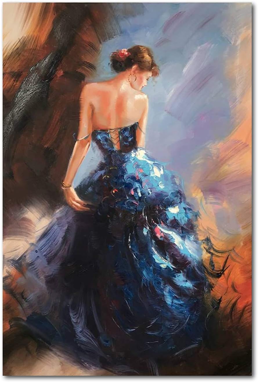 Paintings - Paimuni Dancing Lady Oil Paintings Hand Painted Attractive Woman Dancer in Blue Dress Canvas Wall Art Ready to Hang Wall Decor (24x36 Inches)