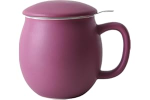 Yundu 12 OZ Porcelain Teacup with Infuser and Lid, Mug with Lid for Steeping, Matte Purple