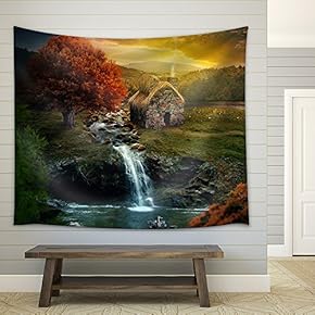 Beautiful Nature Scene with Cottage in The Mountains Near a Stream. - Fabric Wall Tapestry Home Decor - 51x60 inches