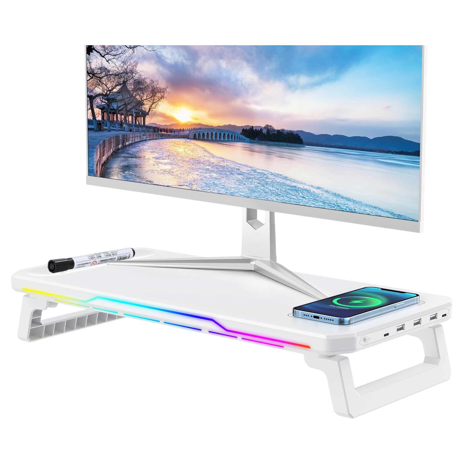 Photo 1 of 15W Fast Wireless Charging and 4-Port USB Hub (3.0 & Type-C) Monitor Stand ,Single Shelf Holder Raiser Organizer for Computer iMac Laptop PC Screen,Vibrant RGB Lighting Desk Organizer for Office/Home ,Black/White