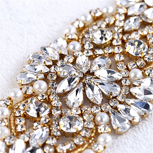 Iron on Rhinestone Applique Pearls Crystal Wedding Bridal Applique Sew on Beaded Applique Diamante Small Patch Embellishment Flower for Dress Sash Belt Cloth Headband Garter Shoe Heel Hairpiece(Gold)